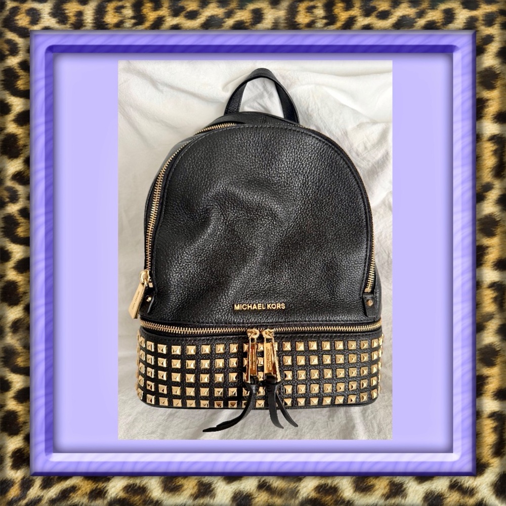 👑✅PRICE FIRM✅ Michael Kors Black Rhea Backpack with Gold Studded Accents